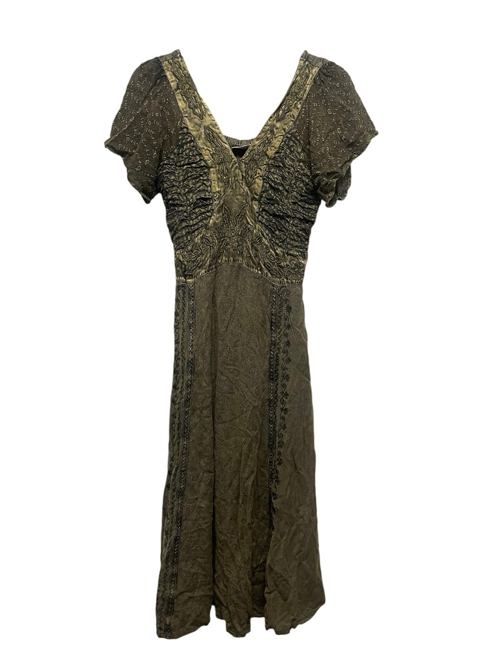Shoreline S/M Embroidered Boho Midi Dress Green V Neck Festival Peasant